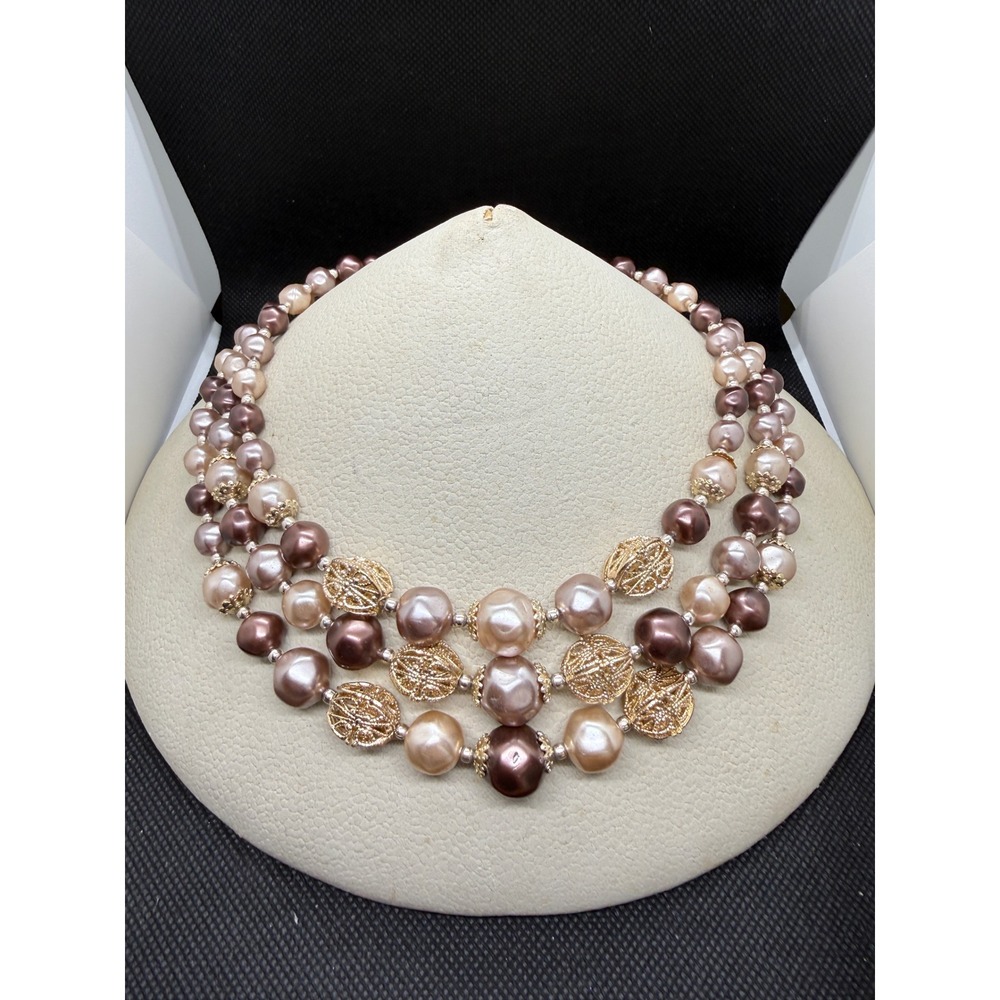 Vintage Japan Triple Strand Faux Pearl Necklace Brown Mauve Gold Tone Filigree